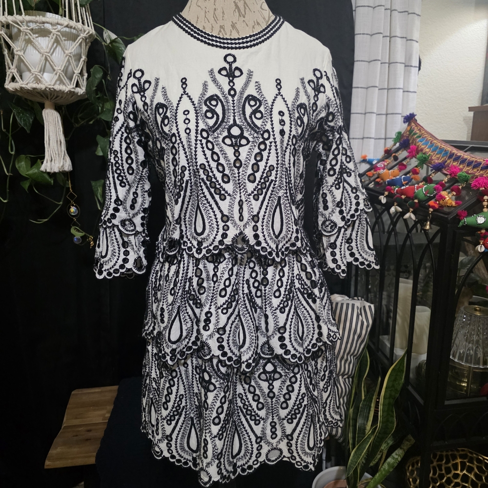 IRO Noor Black and White All Over Embroidered Mini Cocktail Party Dress